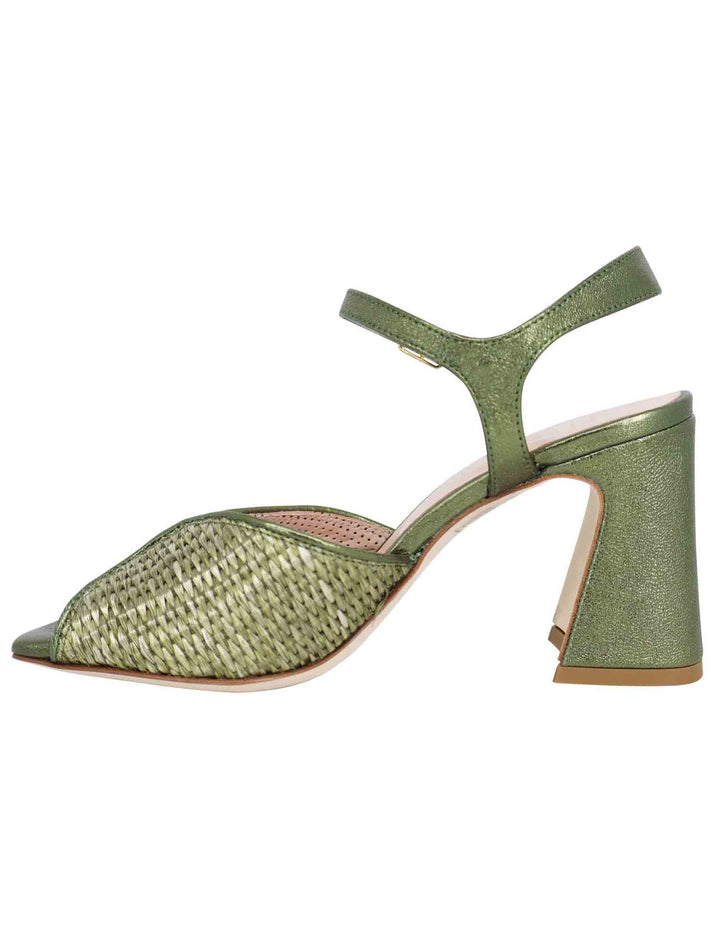 Spatarella Sandali donna in pelle verde laminata con tacco alto e cinturino alla caviglia Saldi