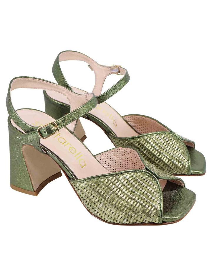Spatarella Sandali donna in pelle verde laminata con tacco alto e cinturino alla caviglia Saldi