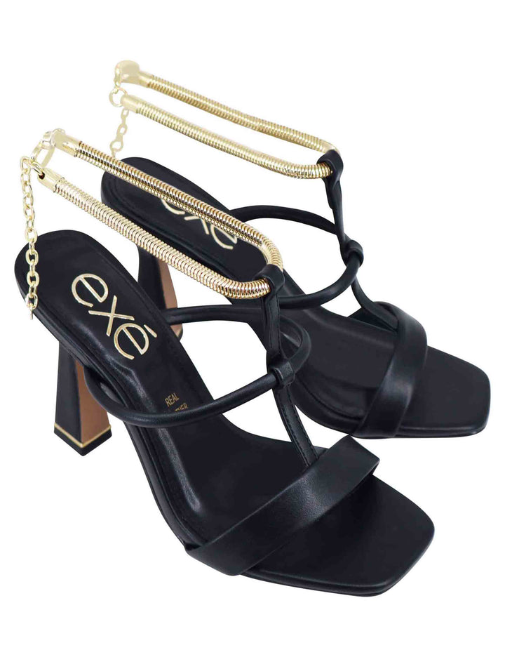 Spatarella Sandali donna in eco pelle nera con tacco alto e cavigliera morbida in oro Vendita Calda