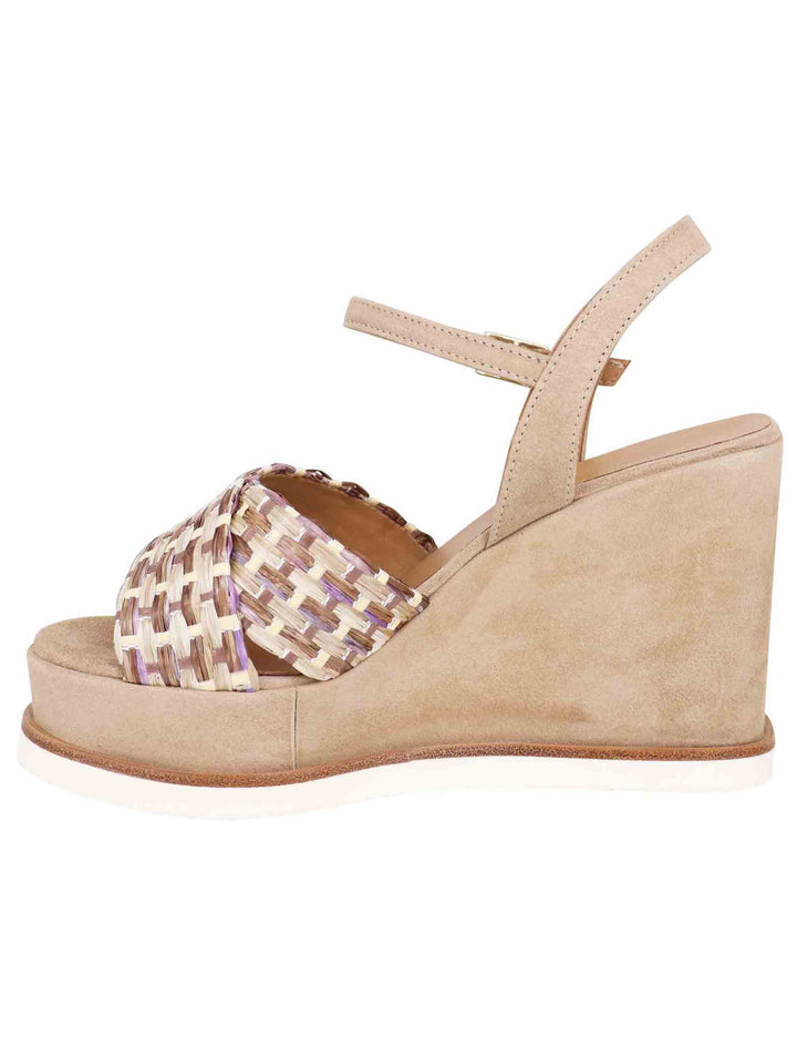 Spatarella Sandali donna in camoscio beige con cinturino alla caviglia e zeppa alta Vendita Economica
