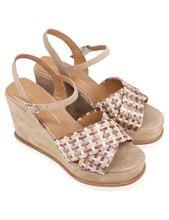Spatarella Sandali donna in camoscio beige con cinturino alla caviglia e zeppa alta Vendita Economica