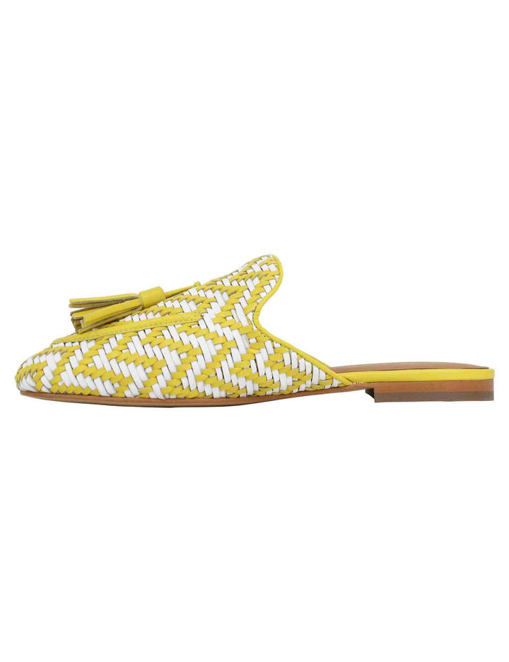 Spatarella Sabot donna in pelle intrecciata bianca e giallo con nappine e tacco basso In Saldo