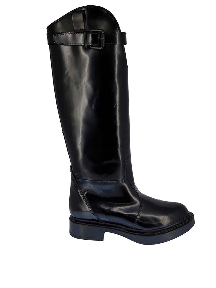 Spatarella Calzature Donna Stivali Cavallerizza in Pelle Nera Lucida con Cinturino e Fondo in Gomma in Tinta Comprare a buon mercato