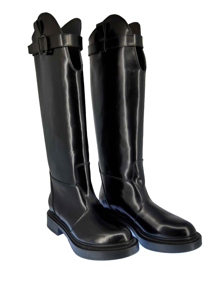 Spatarella Calzature Donna Stivali Cavallerizza in Pelle Nera Lucida con Cinturino e Fondo in Gomma in Tinta Comprare a buon mercato