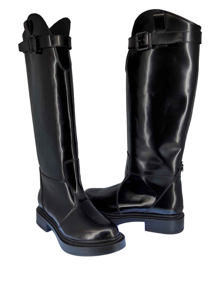 Spatarella Calzature Donna Stivali Cavallerizza in Pelle Nera Lucida con Cinturino e Fondo in Gomma in Tinta Comprare a buon mercato