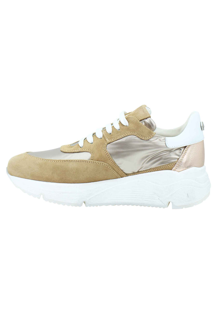 Spatarella Sneakers donna in pelle e tessuto cammello con fondo gomma bianco Grande vendita