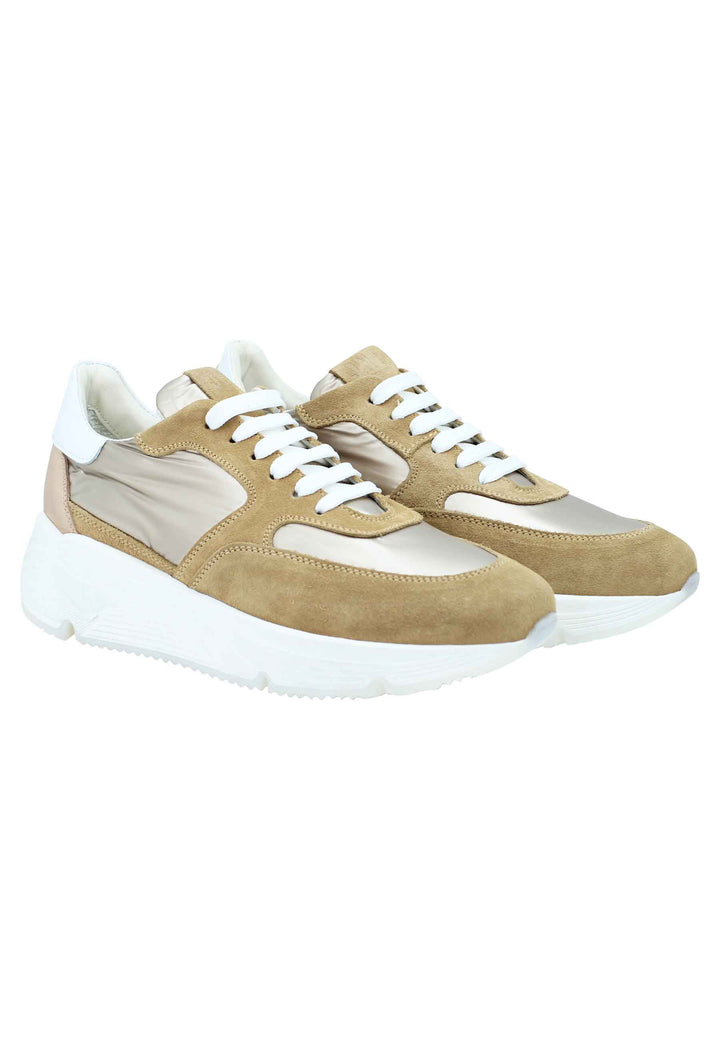 Spatarella Sneakers donna in pelle e tessuto cammello con fondo gomma bianco Grande vendita