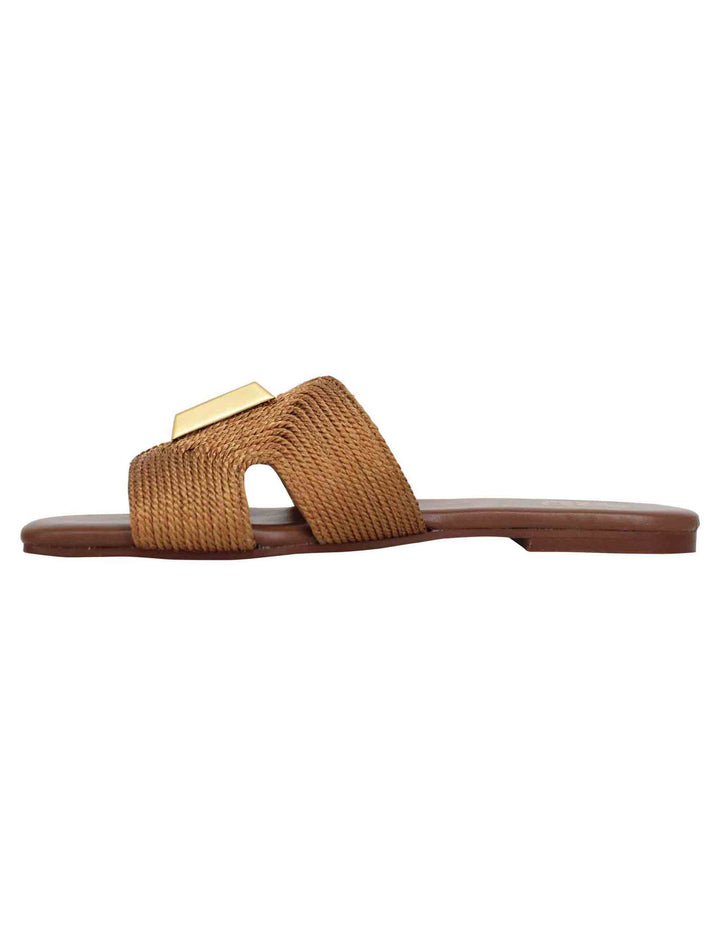 Spatarella Sandali flat donna in tessuto cuoio con borchia in oro e punta quadra Ultimo giorno