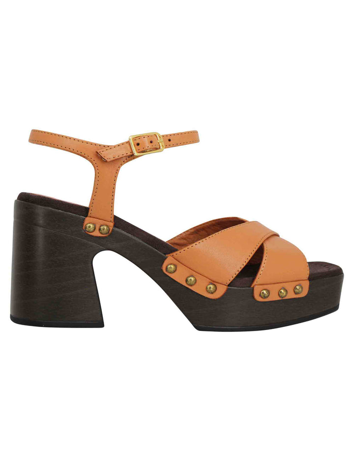 Spatarella Sandali zoccoli donna in pelle cuoio ad incrocio con tacco alto e cinturino alla caviglia Fino al 60% di sconto