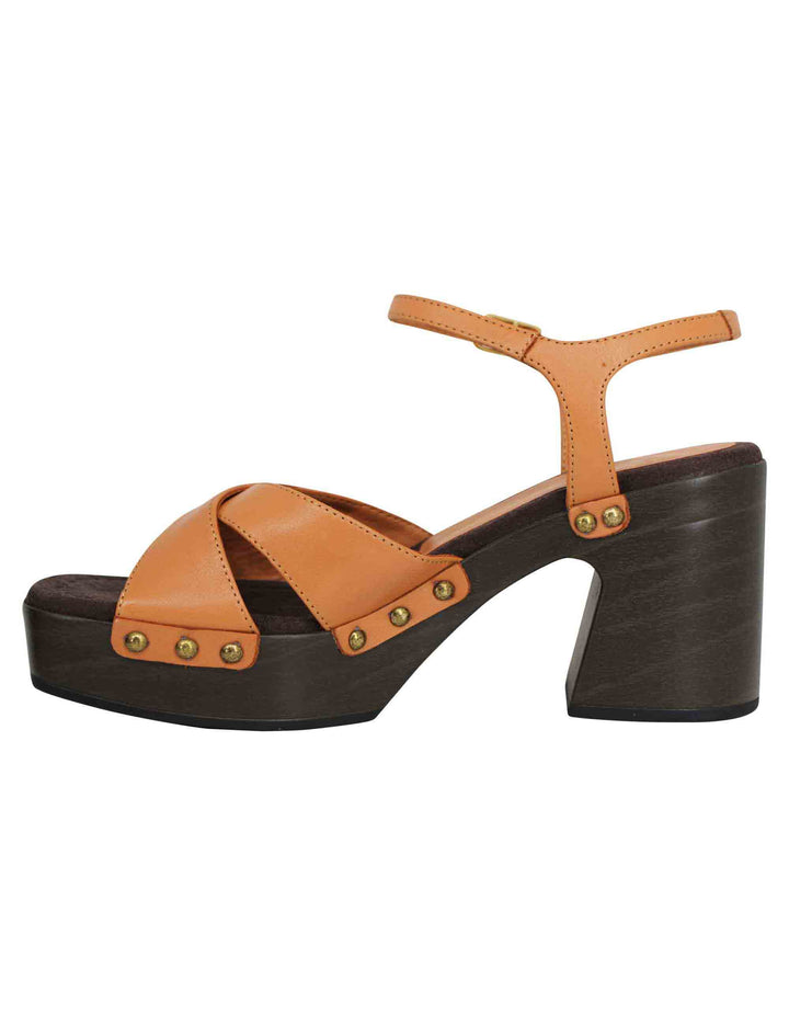 Spatarella Sandali zoccoli donna in pelle cuoio ad incrocio con tacco alto e cinturino alla caviglia Fino al 60% di sconto