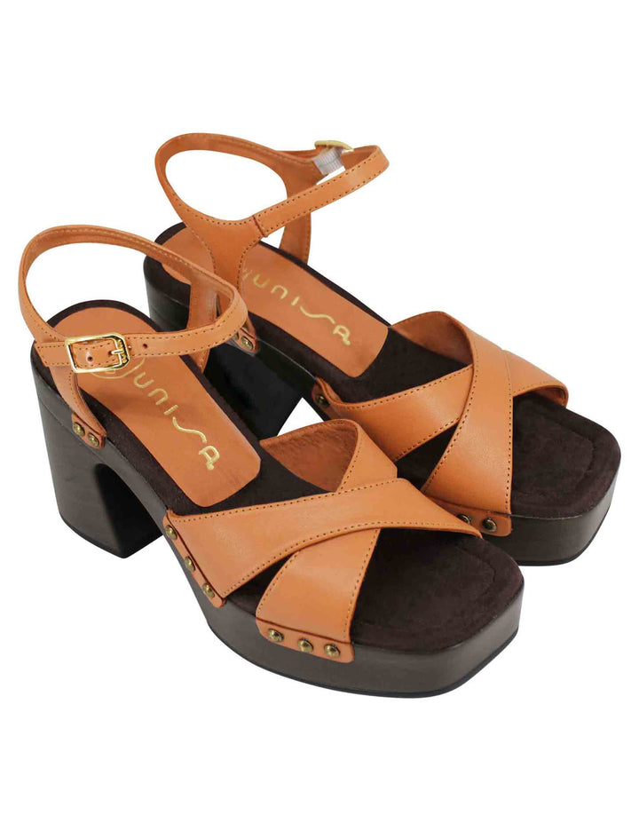 Spatarella Sandali zoccoli donna in pelle cuoio ad incrocio con tacco alto e cinturino alla caviglia Fino al 60% di sconto
