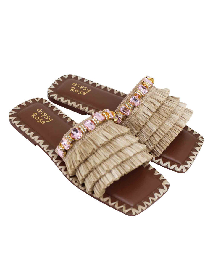 Spatarella Sandali flat donna in rafia beige con pietre e punta quadra Only for today