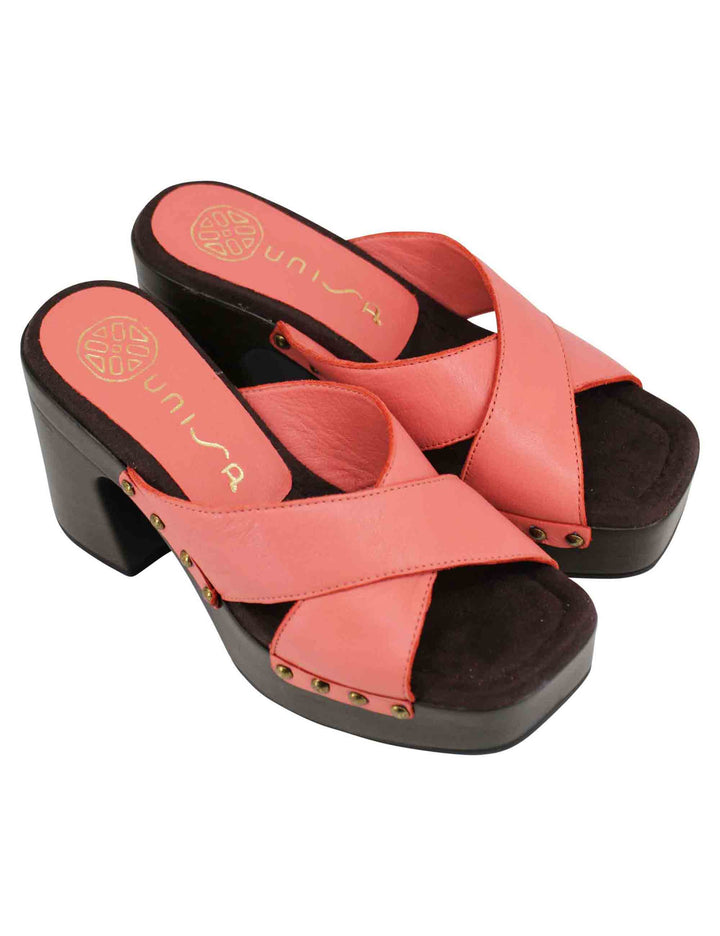 Spatarella Sandali zoccoli donna in pelle rosa ad incrocio con tacco alto Sostegno trimestrale