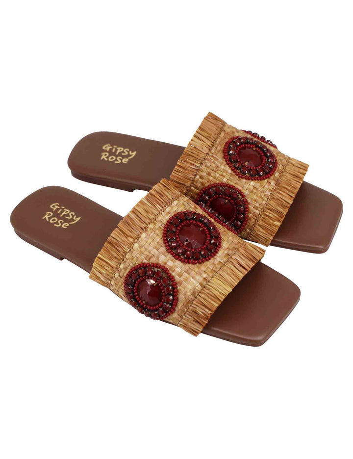 Spatarella Sandali flat donna in rafia cuoio con accessori e punta quadra Fino al 55% di sconto