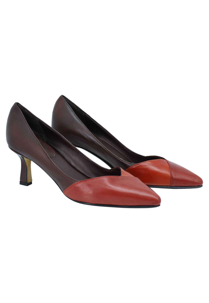 Spatarella Decollete donna in pelle bi colore marrone e mattone tacco basso Soddisfazione Garantita