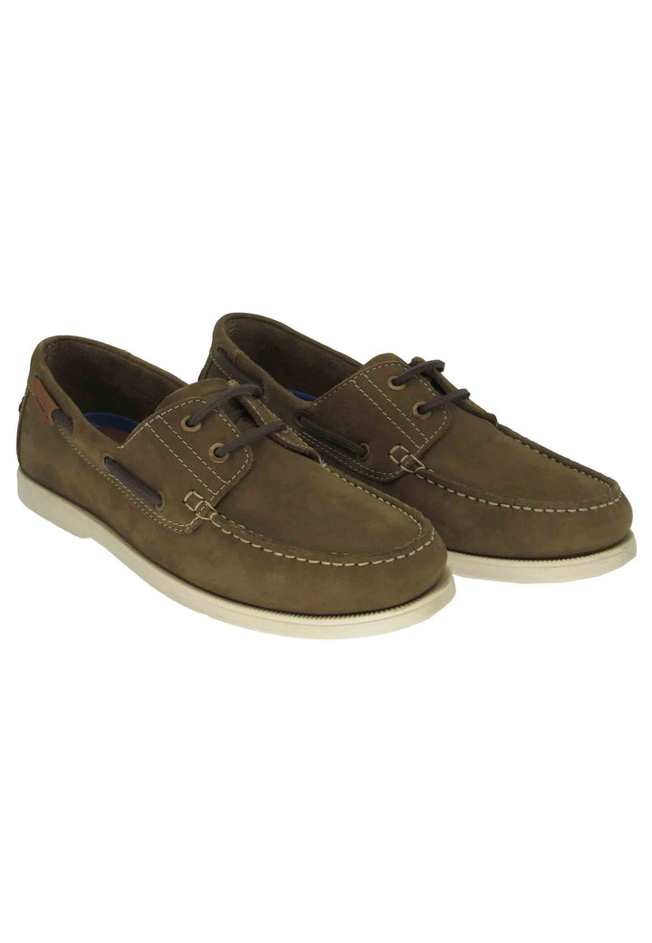 Spatarella Mocassini barca Baltic uomo in pelle verde kaki e suola bianca Vendita Calda