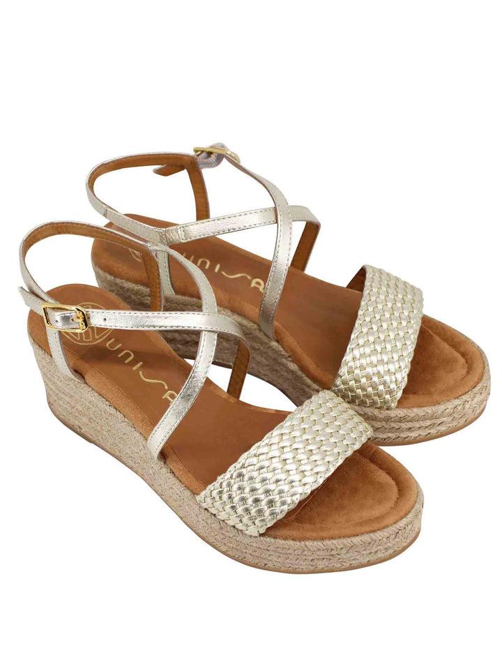 Spatarella Sandali donna in pelle laminata platino intrecciata con zeppa in corda Comprare a buon mercato