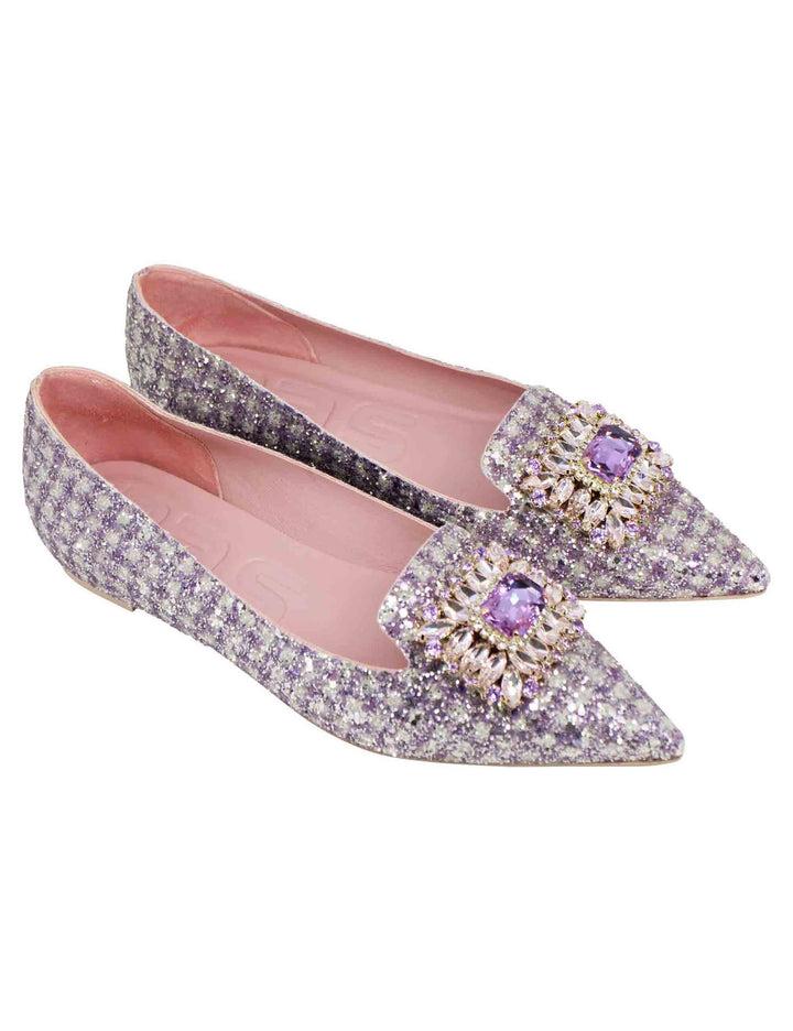 Spatarella Ballerine donna in tessuto lilla con gioiello e punta a punta Offerta Anniversario