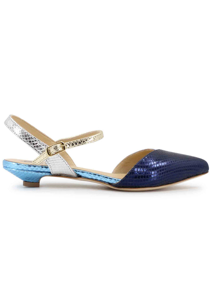 Spatarella Sandali bassi donna in pelle laminata blu punta chiusa con cinturino alla caviglia