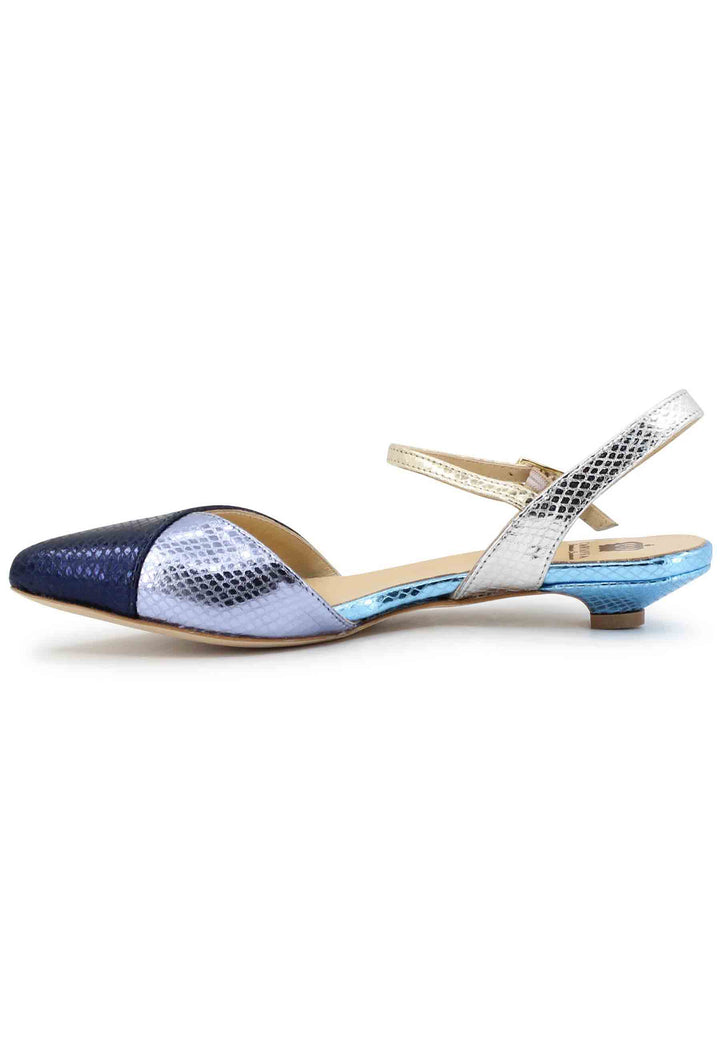 Spatarella Sandali bassi donna in pelle laminata blu punta chiusa con cinturino alla caviglia Comprane uno, ottenene uno gratis