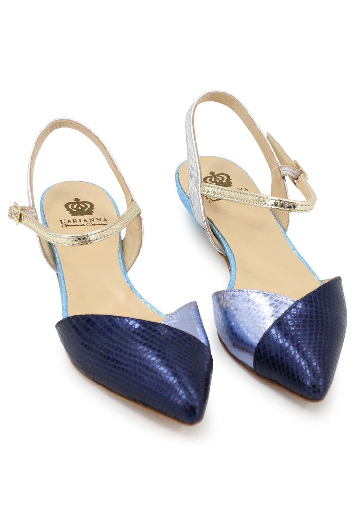 Spatarella Sandali bassi donna in pelle laminata blu punta chiusa con cinturino alla caviglia Comprane uno, ottenene uno gratis