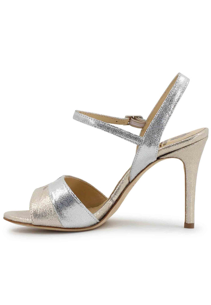Spatarella Sandali donna in pelle laminata argento con tacco alto e cinturino alla caviglia Ultimi tre giorni