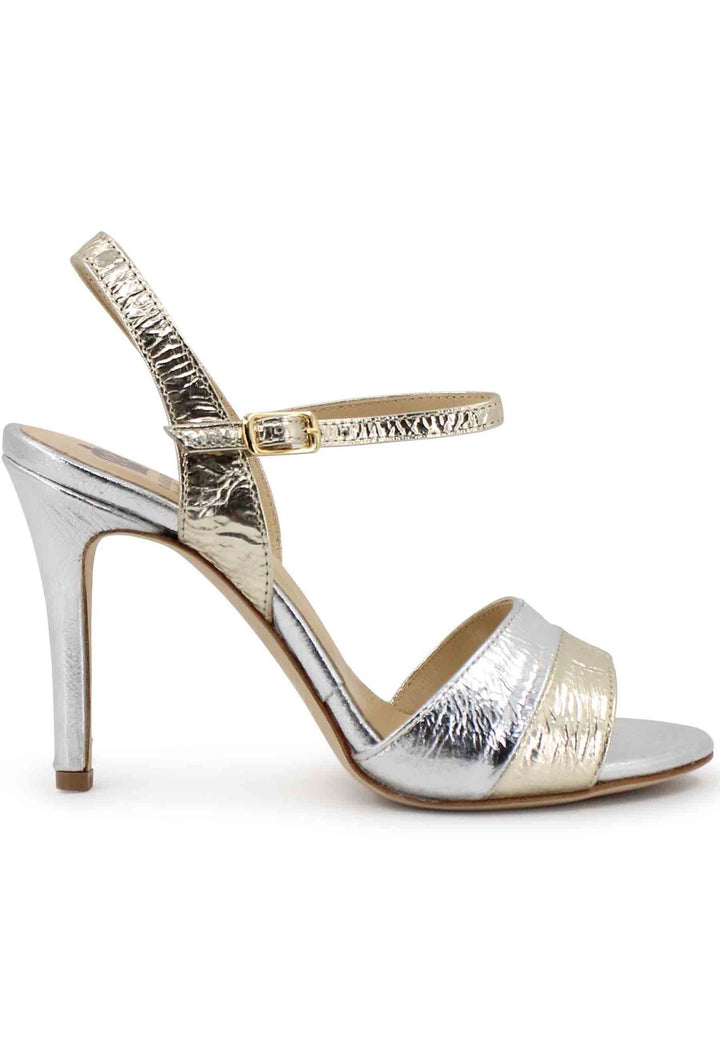 Spatarella Sandali donna in pelle laminata oro con tacco alto e cinturino alla caviglia