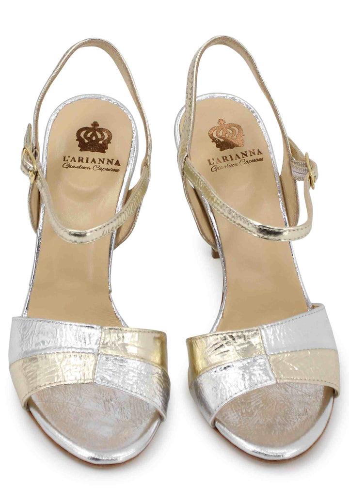Spatarella Sandali donna in pelle laminata oro con tacco alto e cinturino alla caviglia Ultimi due giorni