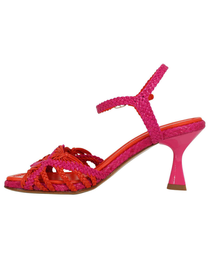 Spatarella Sandali donna in pelle intrecciata fuxia con cinturino alla caviglia e punta quadra Italia