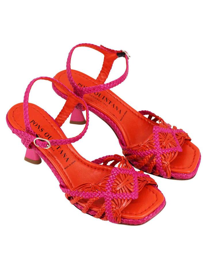 Spatarella Sandali donna in pelle intrecciata fuxia con cinturino alla caviglia e punta quadra Italia