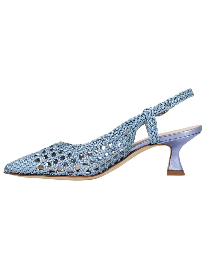 Spatarella Decollete slingback donna in pelle intrecciata laminata celeste con tacco in tinta Pezzi Unici