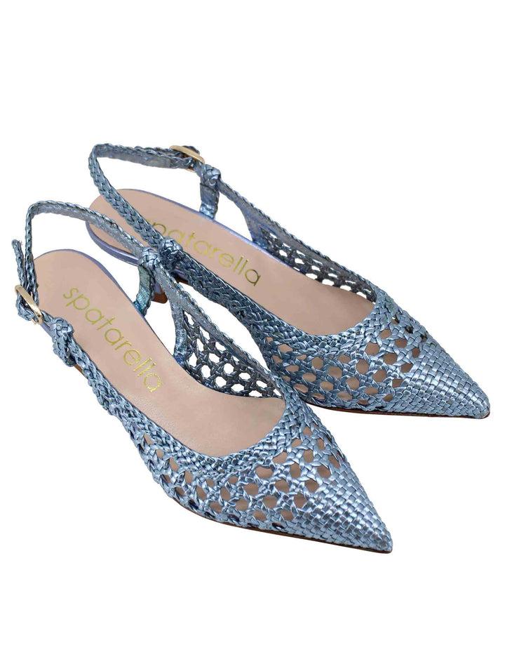 Spatarella Decollete slingback donna in pelle intrecciata laminata celeste con tacco in tinta Pezzi Unici