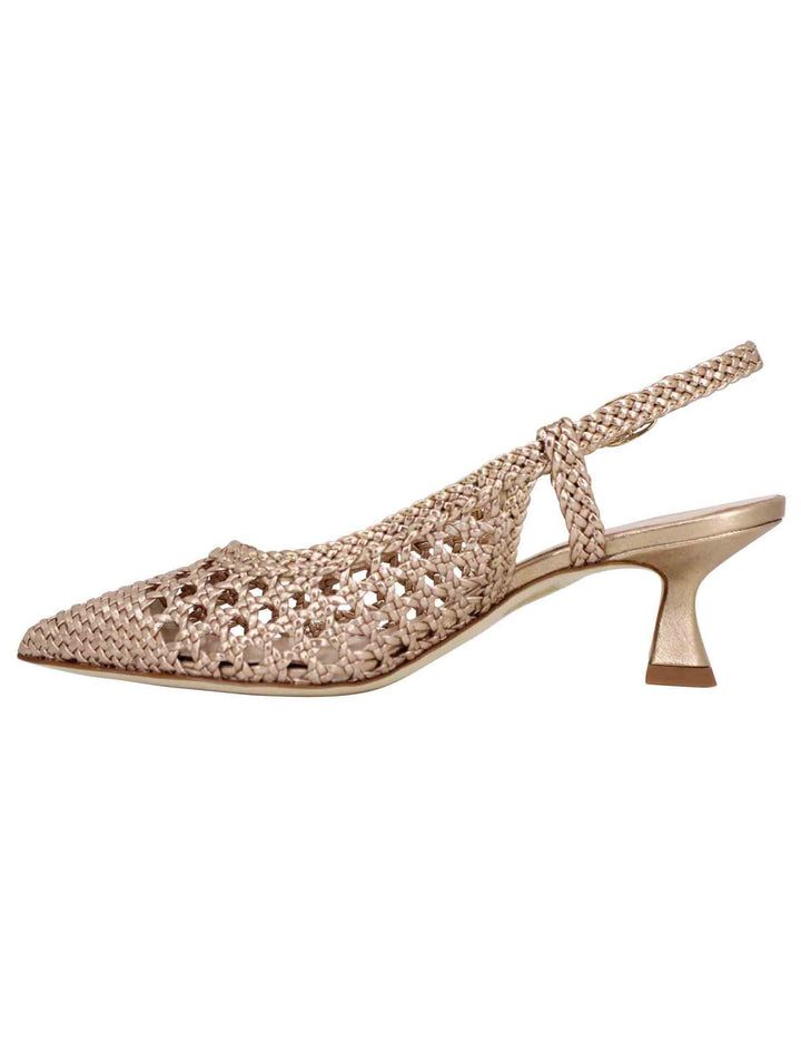 Spatarella Decollete slingback donna in pelle intrecciata laminata oro con tacco in tinta Soddisfazione Garantita