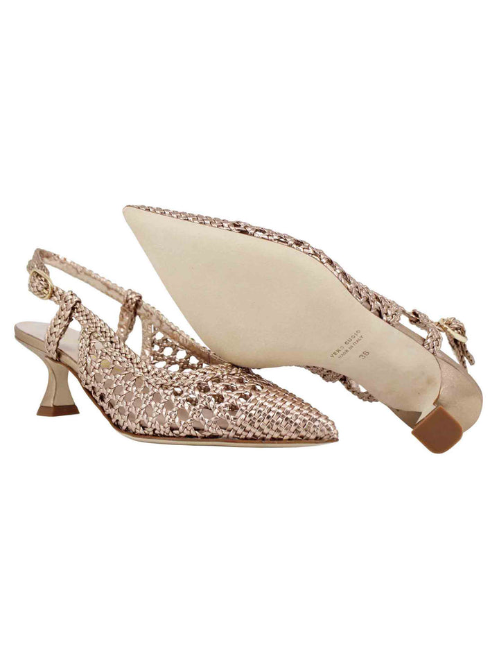 Spatarella Decollete slingback donna in pelle intrecciata laminata oro con tacco in tinta Soddisfazione Garantita