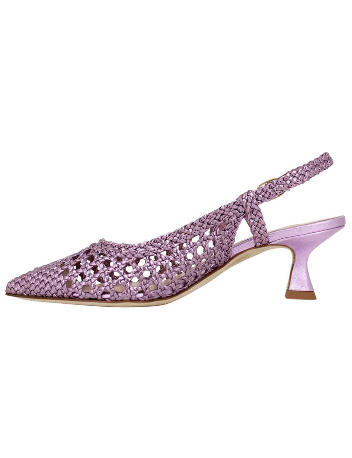 Spatarella Decollete slingback donna in pelle intrecciata laminata lilla con tacco in tinta Acquista Ora
