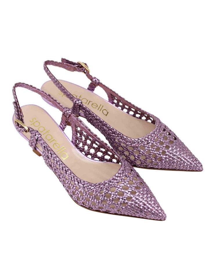 Spatarella Decollete slingback donna in pelle intrecciata laminata lilla con tacco in tinta Acquista Ora