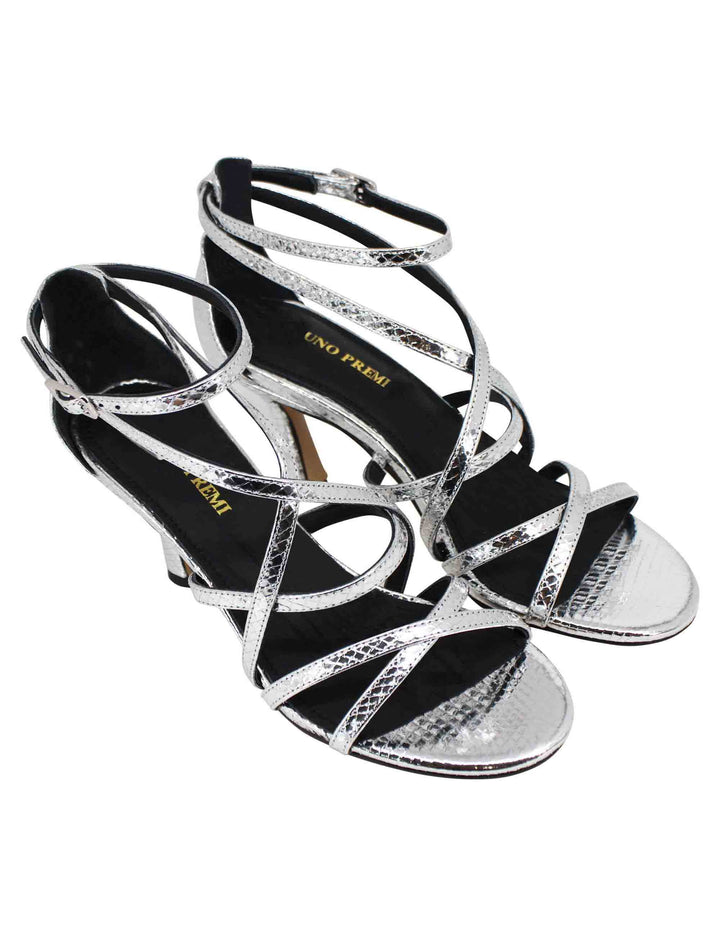 Spatarella Sandali donna in pelle laminata stampata argento con tacco alto e cinturini Affare Del Giorno