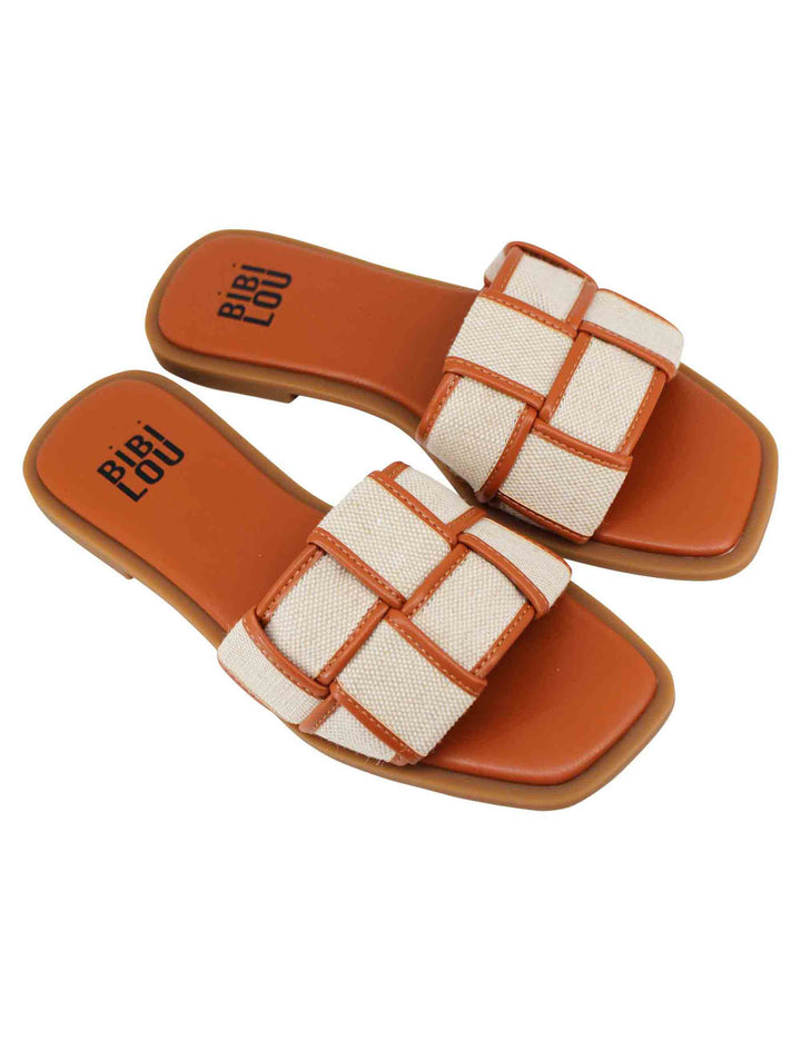 Spatarella Sandali flat donna in eco pelle cuoio intrecciato con tessuto a contrasto Desa Sottocosto