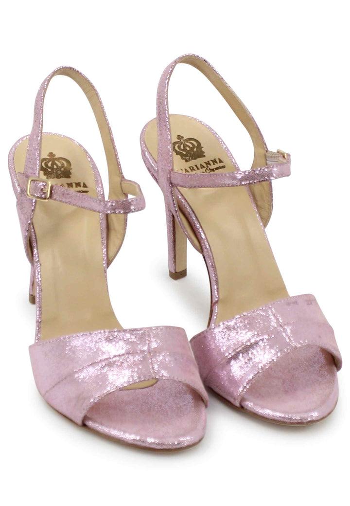 Spatarella Sandali donna in pelle laminata rosa con tacco alto e cinturino alla caviglia Sconto