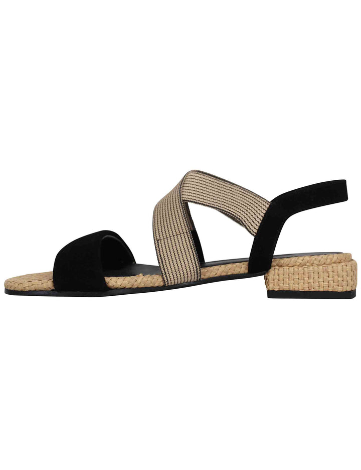 Spatarella Sandali donna in tessuto beige e camoscio nero con tacco basso Offerta Anniversario