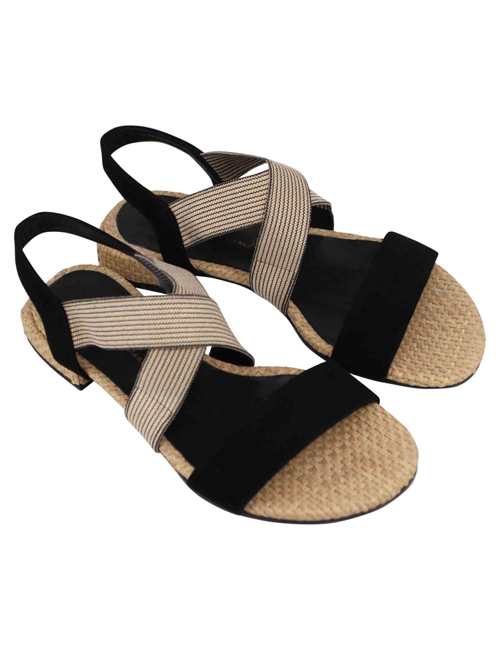 Spatarella Sandali donna in tessuto beige e camoscio nero con tacco basso Offerta Anniversario