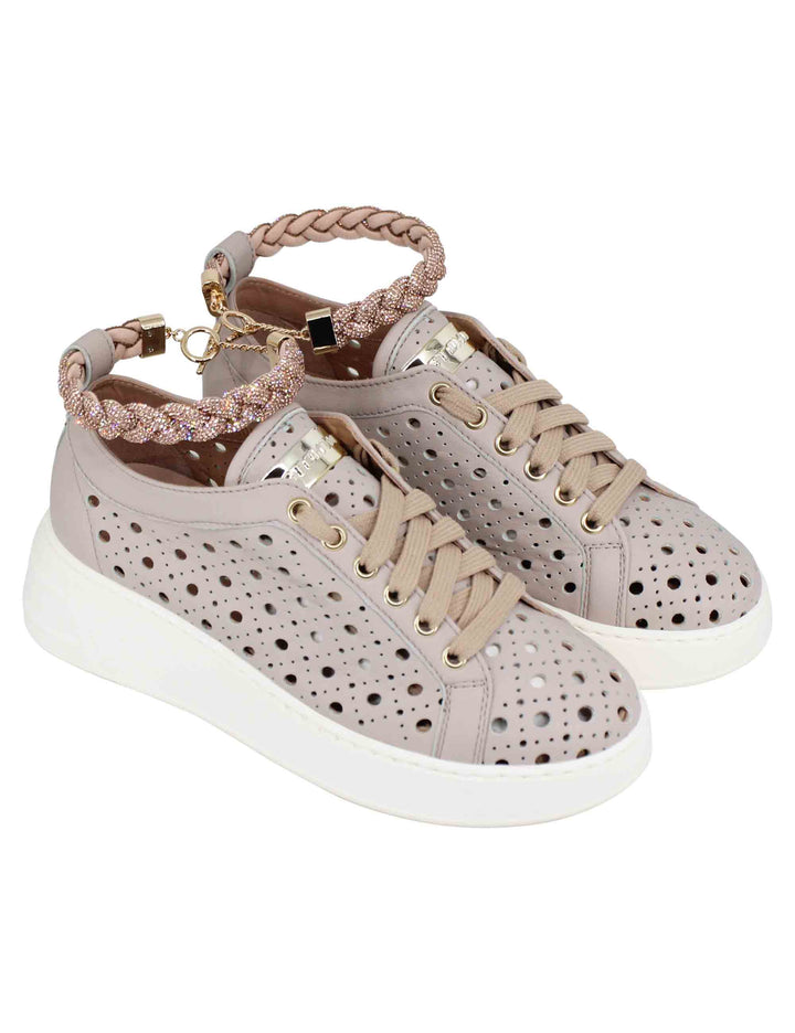 Spatarella Sneakers donna in pelle forata taupe con cavigliera in strass Offerte esclusive