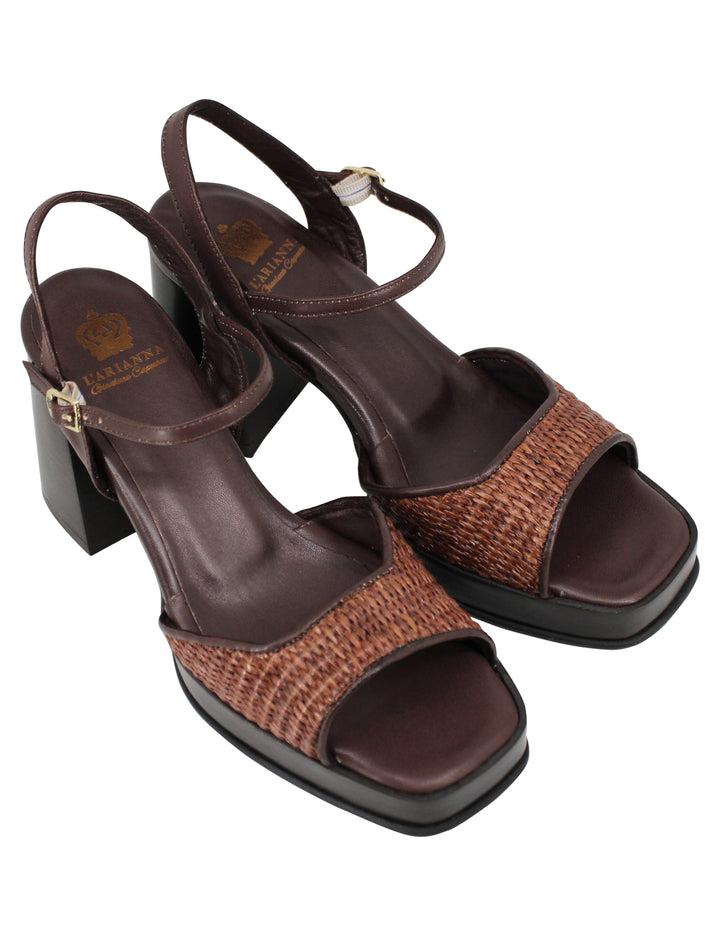 Spatarella Sandali donna in pelle e tessuto marrone con tacco punta quadra e cinturino alla caviglia Sostegno trimestrale