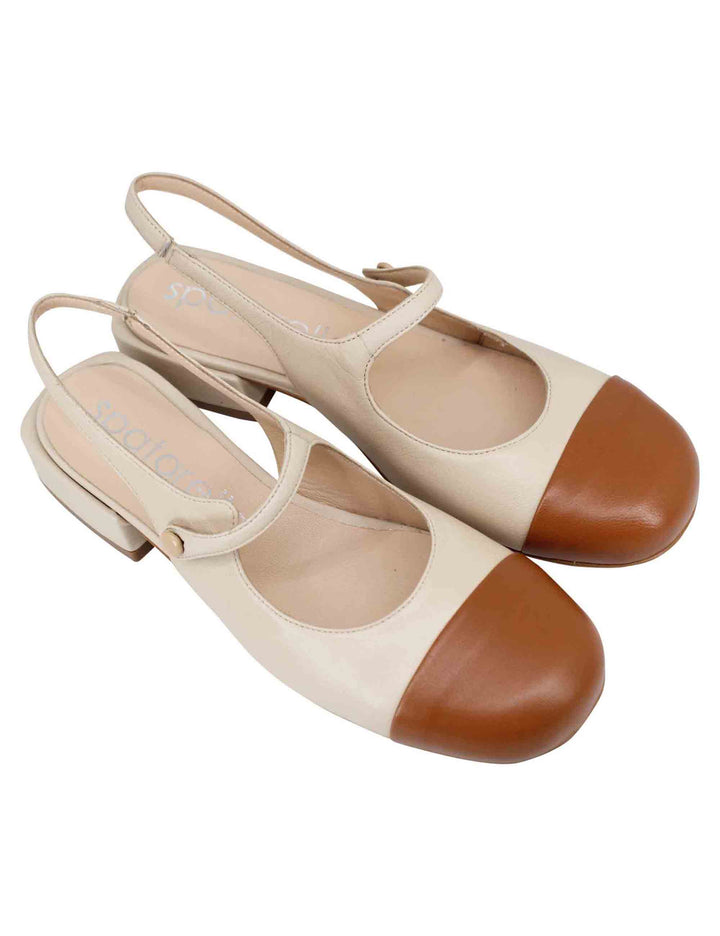 Spatarella Decollete slingback donna in pelle beige bicolore con puntale cammello Solo un giorno rimasto