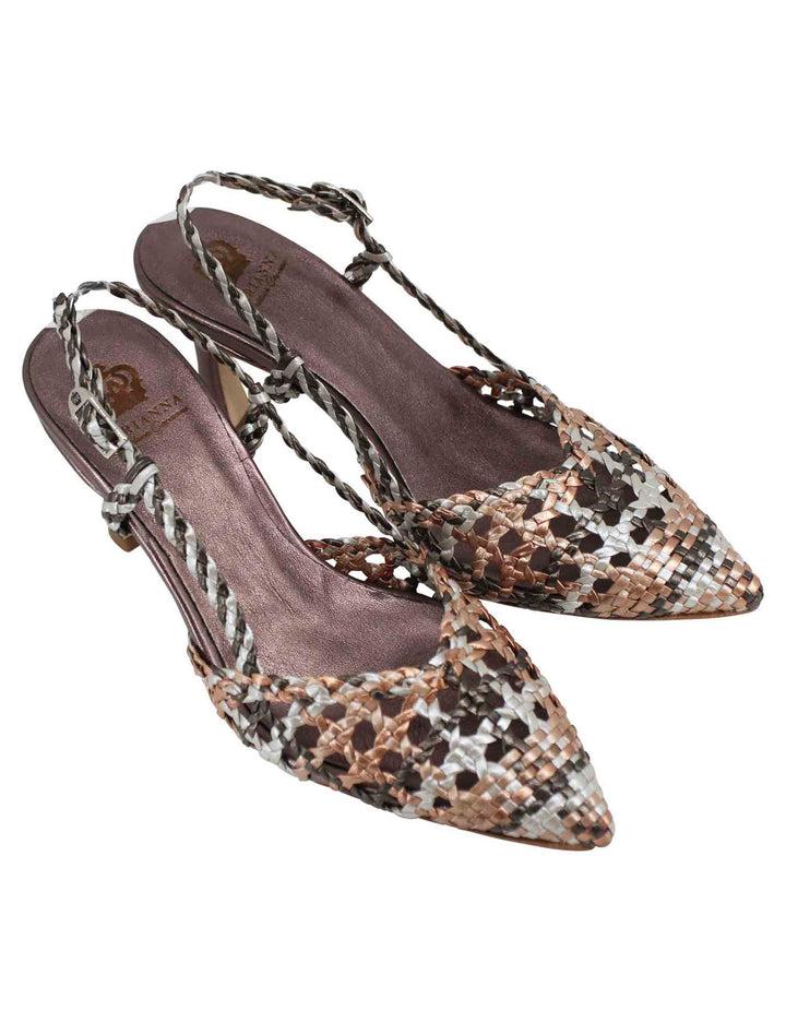 Spatarella Decollete slingback donna in pelle intrecciata taupe laminata con tacco alto Trasporto libero internazionale