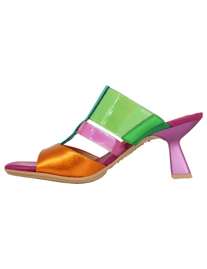 Spatarella Sandali donna in pelle laminata fuxia e multicolore con punta quadra Sconti questo mese