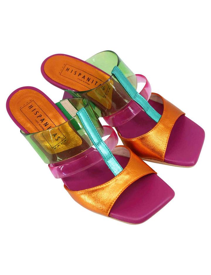 Spatarella Sandali donna in pelle laminata fuxia e multicolore con punta quadra Sconti questo mese