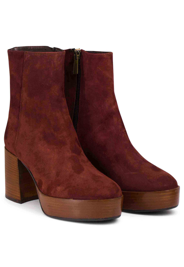 Spatarella Stivaletti donna in camoscio mattone con tacco alto e plateau con zip laterale di chiusura Vendita Calda