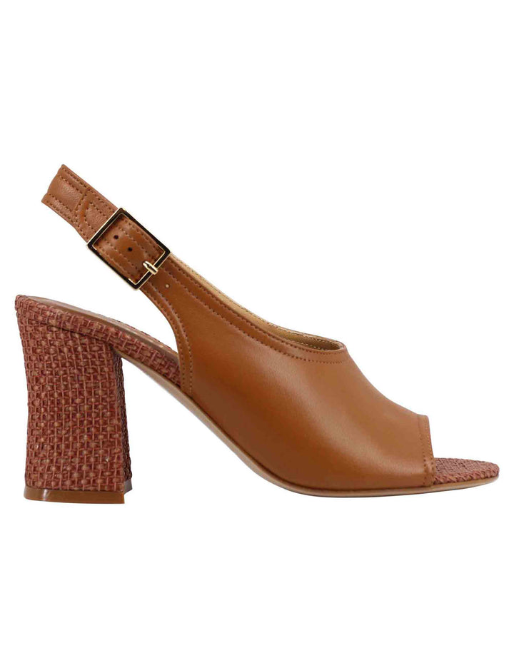 Spatarella Sandali slingback donna in pelle cuoio con tacco alto rivestito in rafia