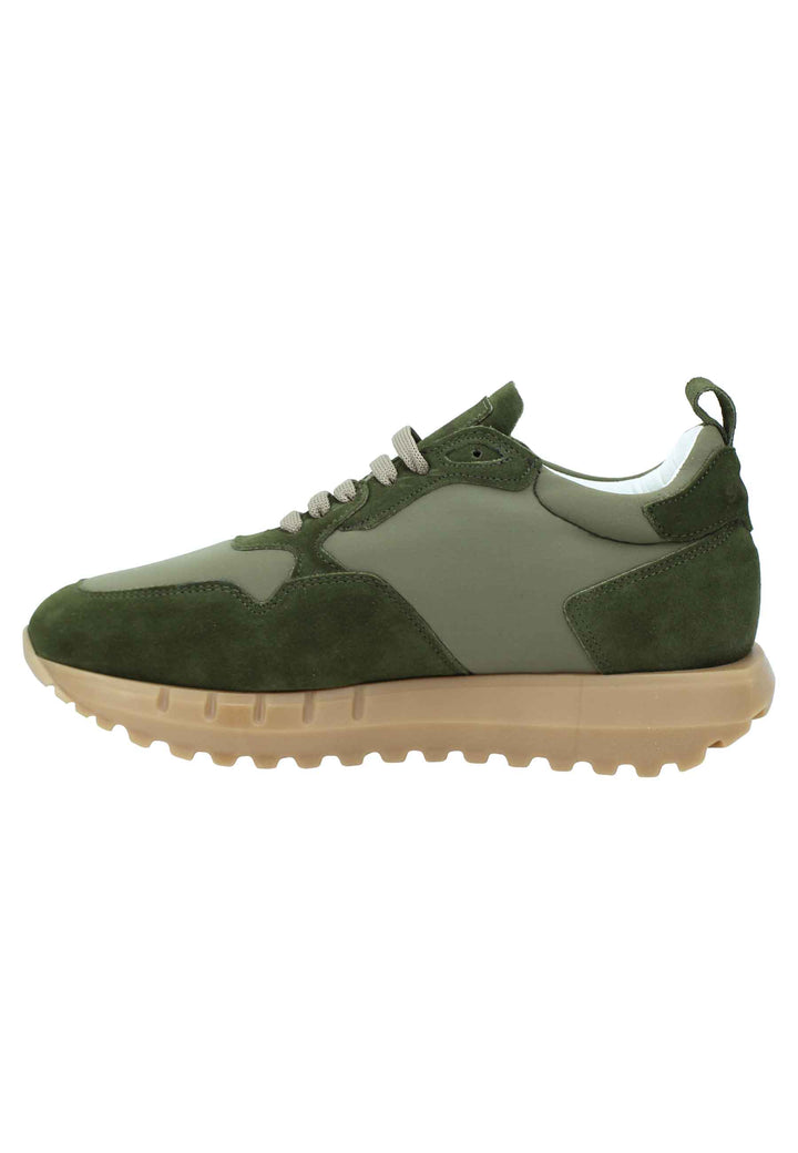 Spatarella Sneakers uomo in pelle e tessuto verde militare con fondo alto in gomma ACQUISTA ORA